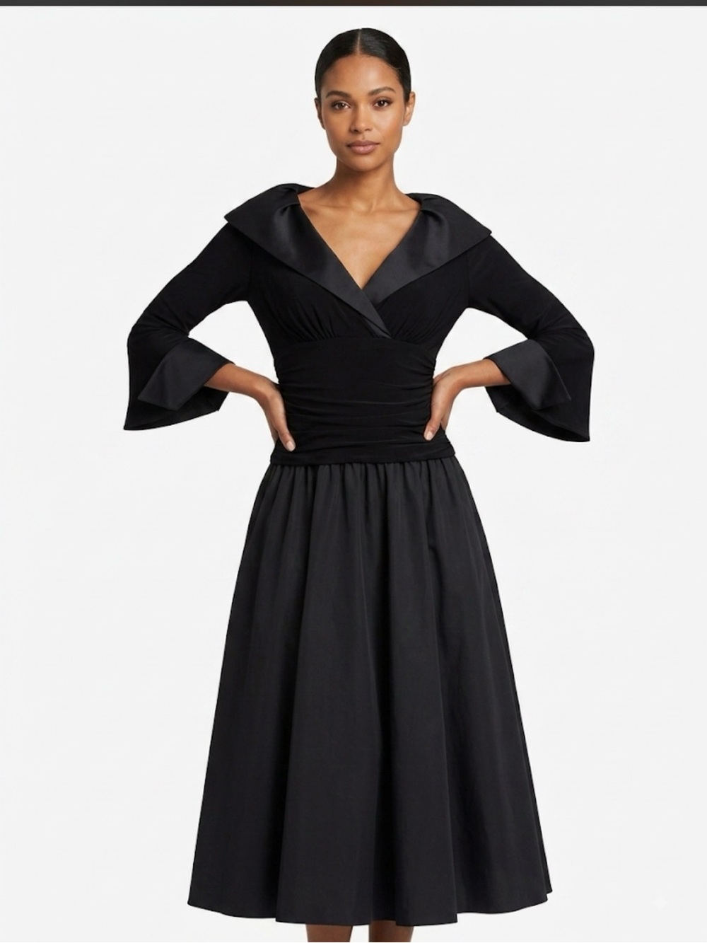 Eliza J Black V-Neck Fit-and-Flare Midi Dress